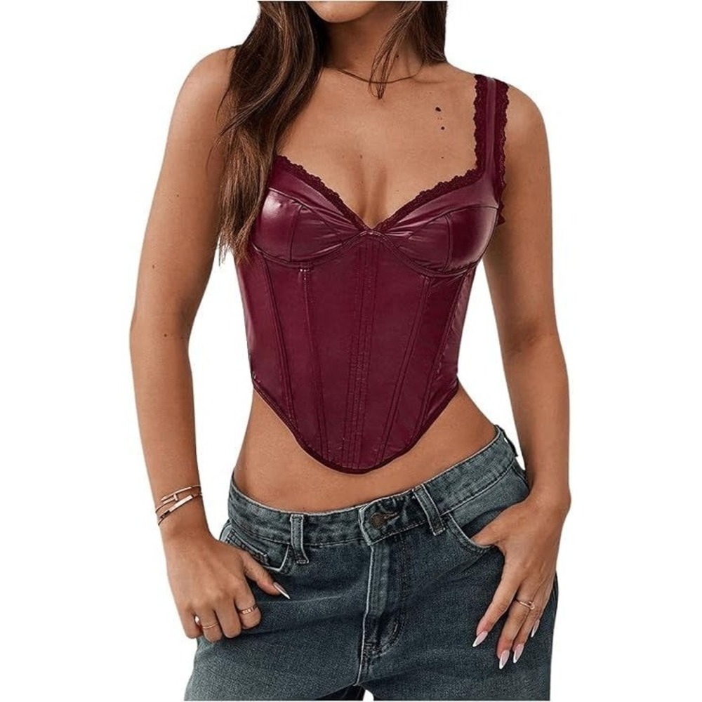 Floerns Women's Faux Leather Sleeveless Crop Cami Corset Top - Burgundy - XS